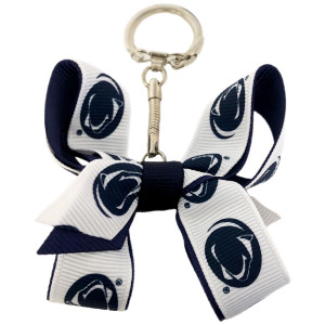 keychain with navy and white ribbons bow with repeating Penn State Athletic Logos